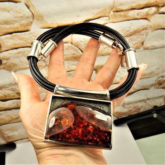 MASSIVE AMBER STERLING PENDANT MULTI LEATHER CORD NECKLACE, GIFT FOR WOMEN - Picture 10 of 11